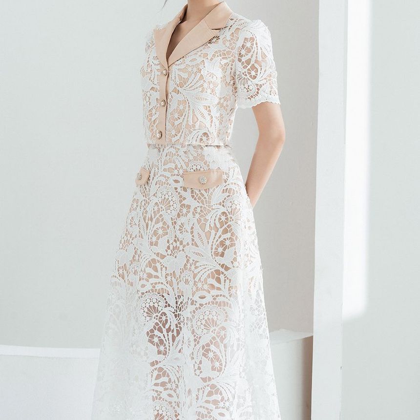 Set: Short-Sleeve Lapel Collar Button Shirt + Mid Rise Lace Midi A-Line Skirt