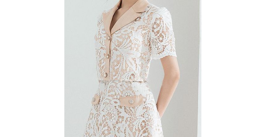 Set: Short-Sleeve Lapel Collar Button Shirt + Mid Rise Lace Midi A-Line Skirt
