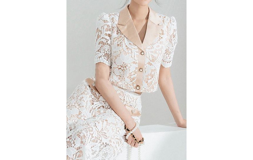 Set: Short-Sleeve Lapel Collar Button Shirt + Mid Rise Lace Midi A-Line Skirt