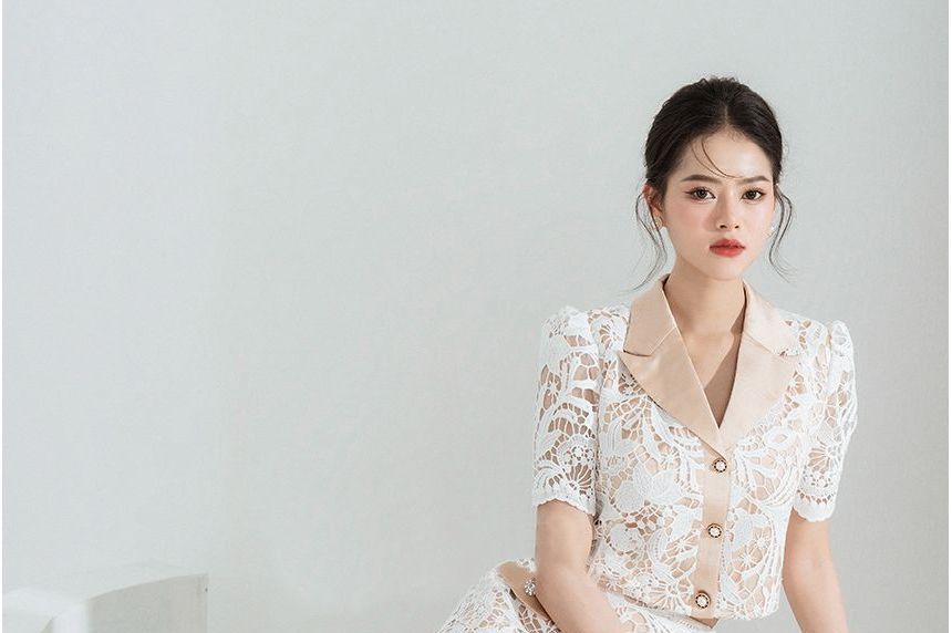 Set: Short-Sleeve Lapel Collar Button Shirt + Mid Rise Lace Midi A-Line Skirt