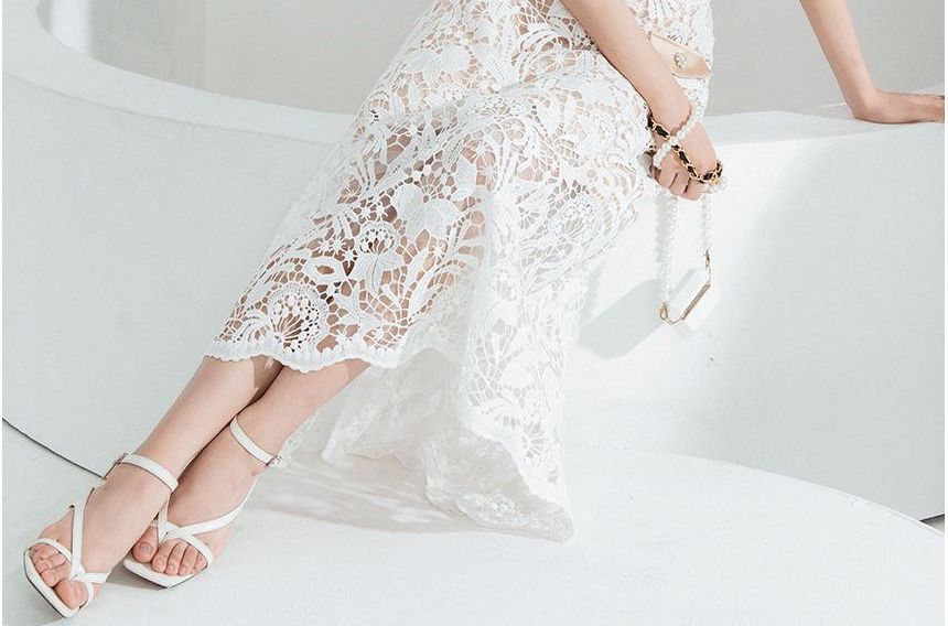 Set: Short-Sleeve Lapel Collar Button Shirt + Mid Rise Lace Midi A-Line Skirt