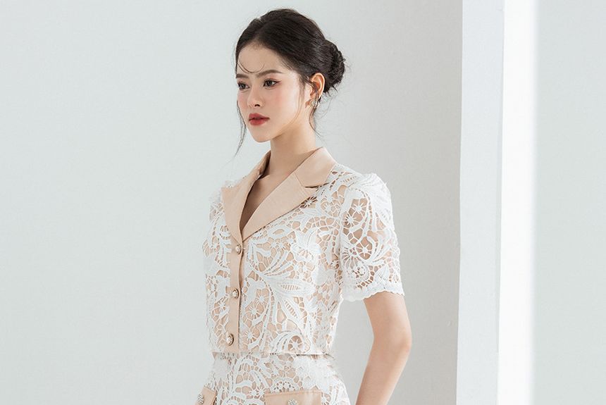 Set: Short-Sleeve Lapel Collar Button Shirt + Mid Rise Lace Midi A-Line Skirt