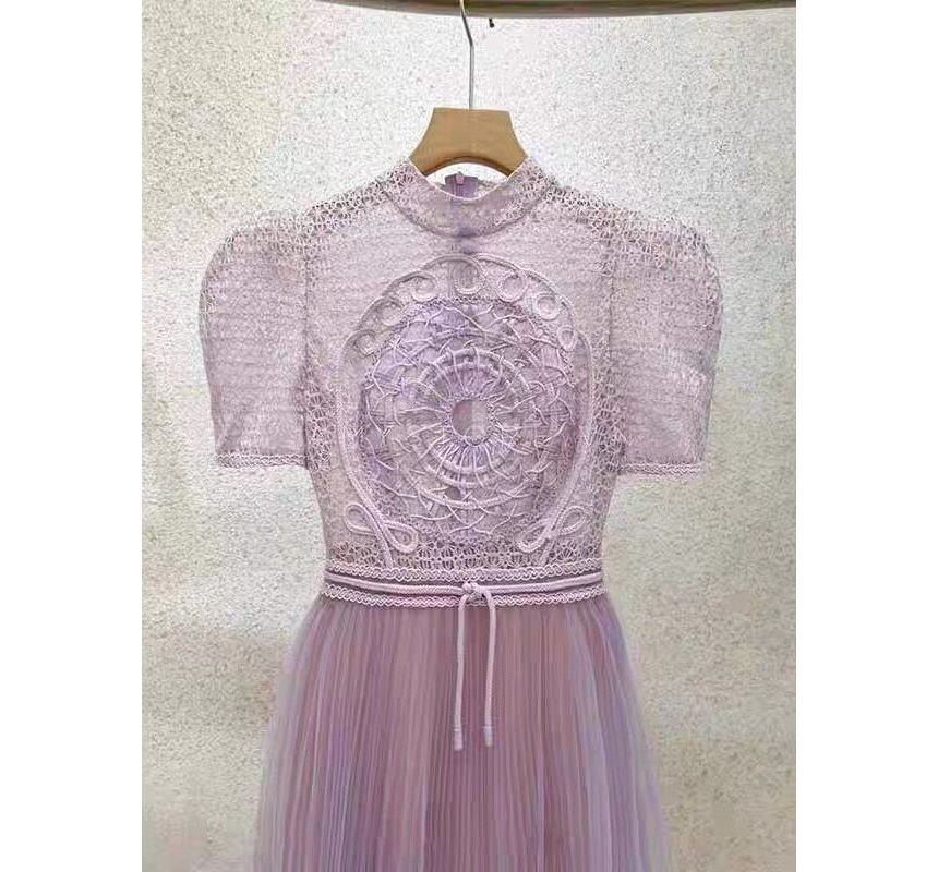 Short-Sleeve Mock Neck Embroidered Maxi A-Line Dress