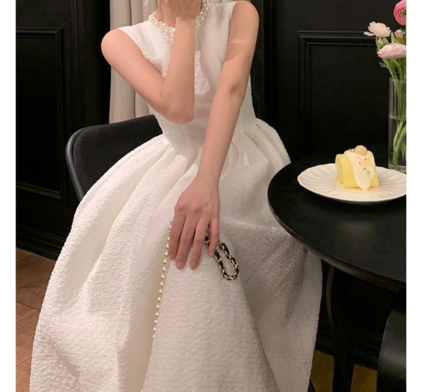 Sleeveless Crew Neck Faux Pearl  Plain Midi A-Line Dress