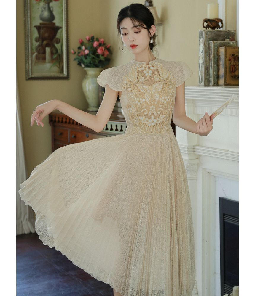 Cap-Sleeve Butterfly Embroidered Lace Midi A-Line Dress
