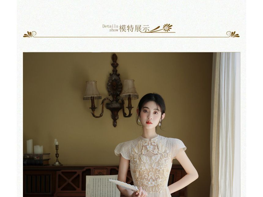 Cap-Sleeve Butterfly Embroidered Lace Midi A-Line Dress