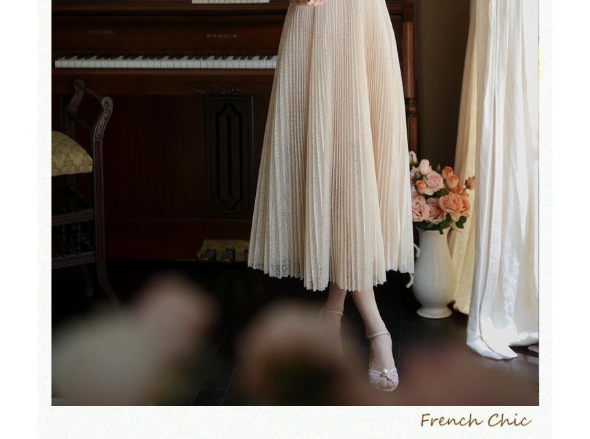 Cap-Sleeve Butterfly Embroidered Lace Midi A-Line Dress