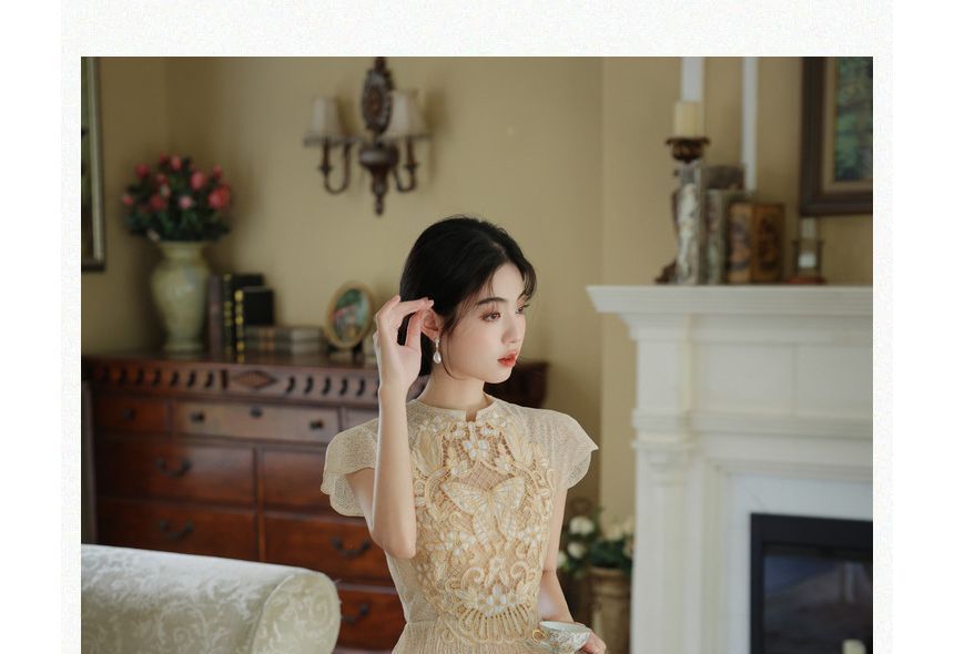 Cap-Sleeve Butterfly Embroidered Lace Midi A-Line Dress