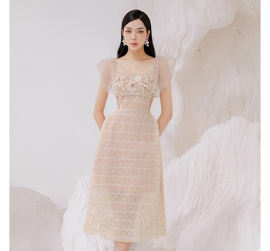 Sleeveless Square Neck  Lace Trim Midi A-Line Dress