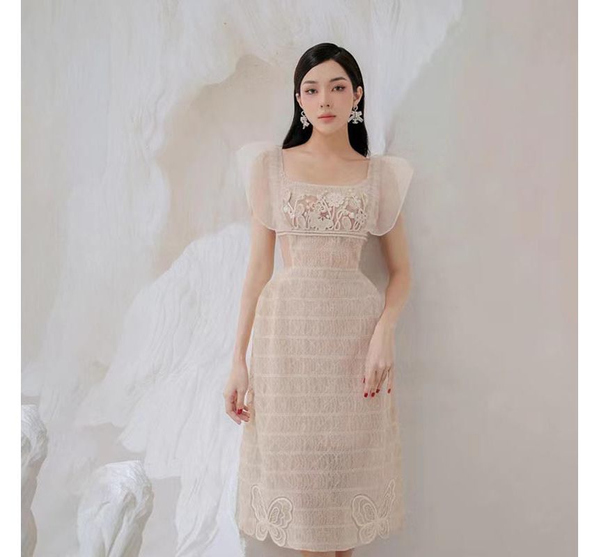 Sleeveless Square Neck  Lace Trim Midi A-Line Dress