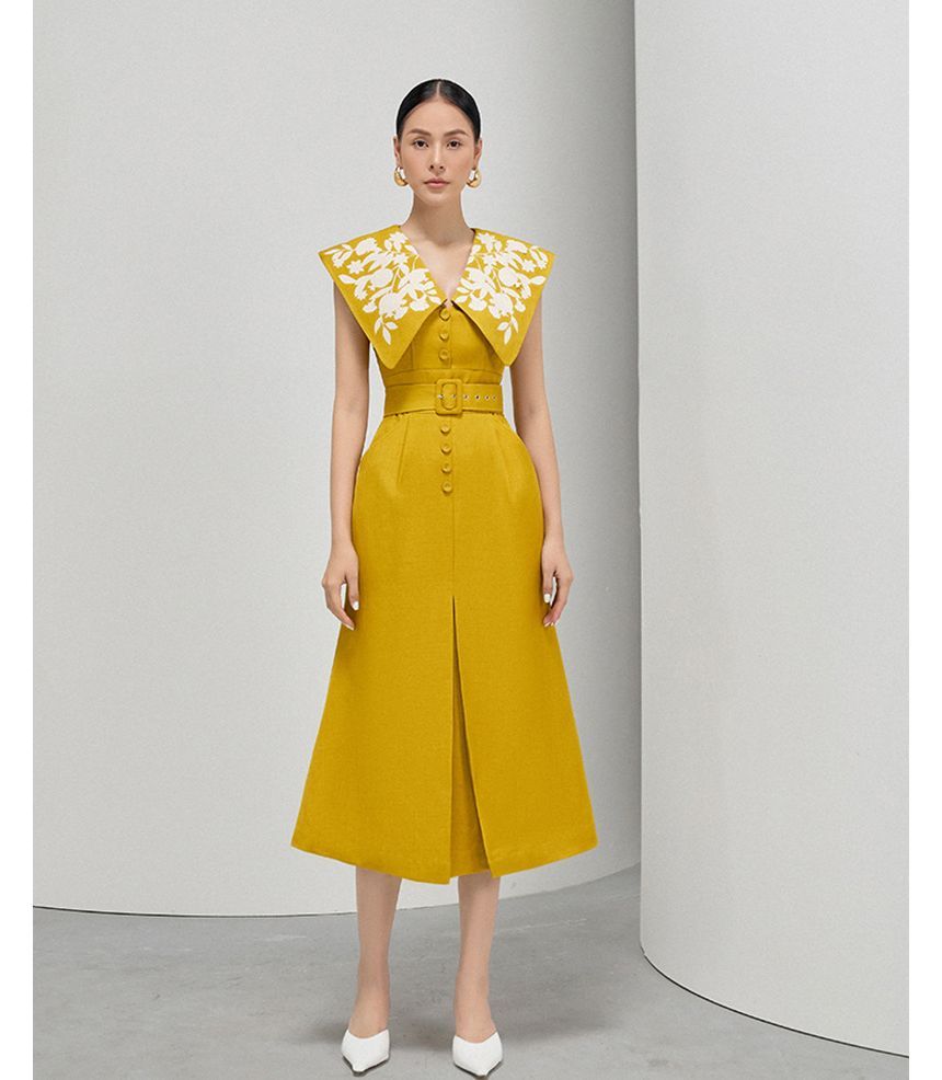 Sleeveless V-Neck Floral Midi A-Line Dress