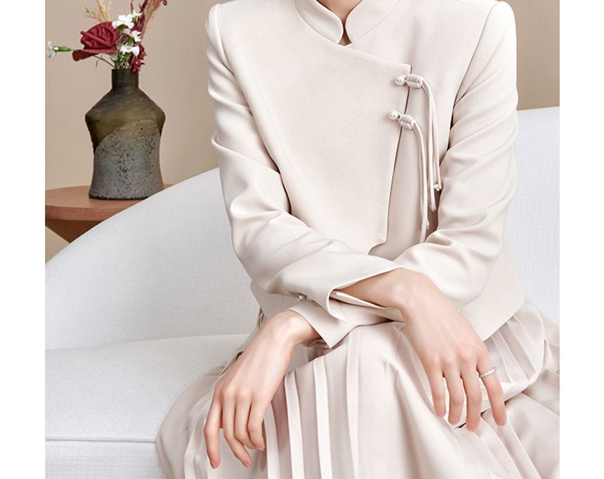 Set: Band Collar Plain Jacket + Mid Rise Plain Midi Pleated Skirt