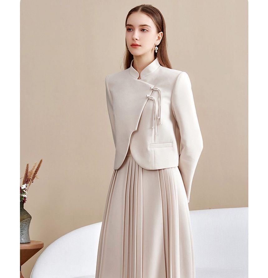 Set: Band Collar Plain Jacket + Mid Rise Plain Midi Pleated Skirt
