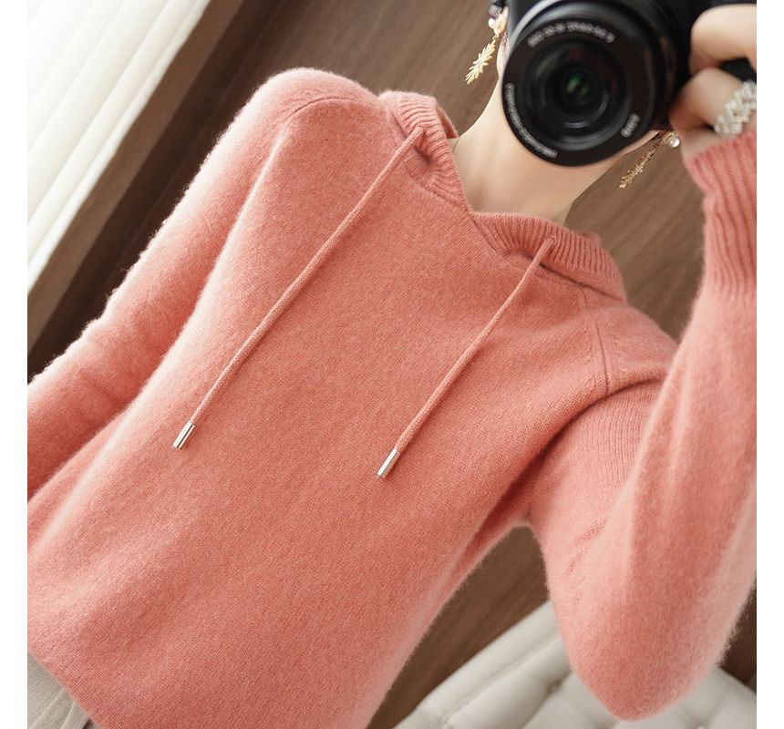 Long-Sleeve Plain Hooded Knit Top