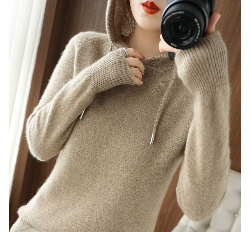Long-Sleeve Plain Hooded Knit Top