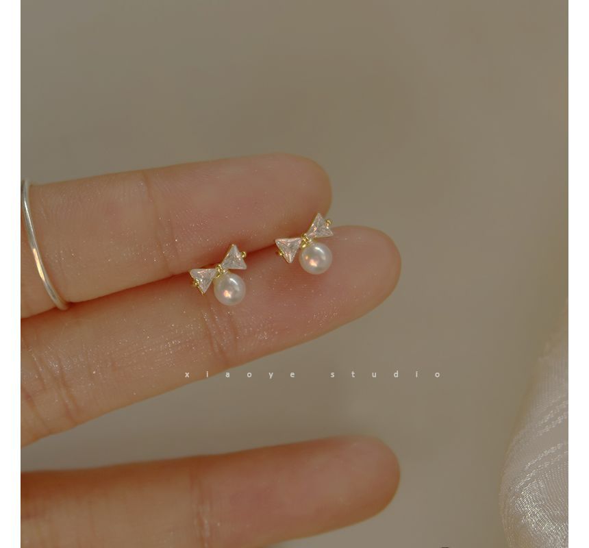 Bow Earring Silver Rhinestone Sterling Faux Pearl Stud