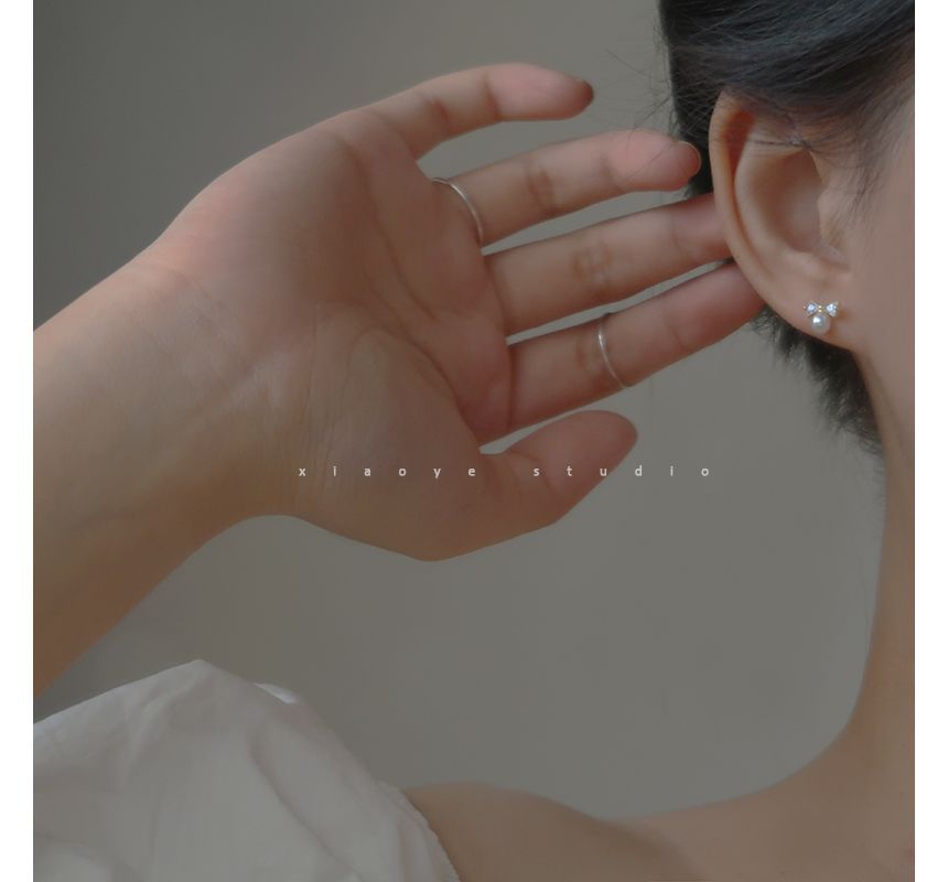 Bow Earring Silver Rhinestone Sterling Faux Pearl Stud