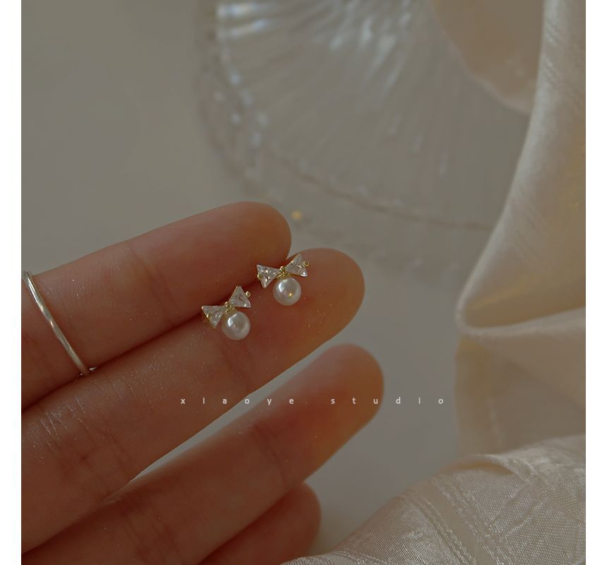 Bow Earring Silver Rhinestone Sterling Faux Pearl Stud