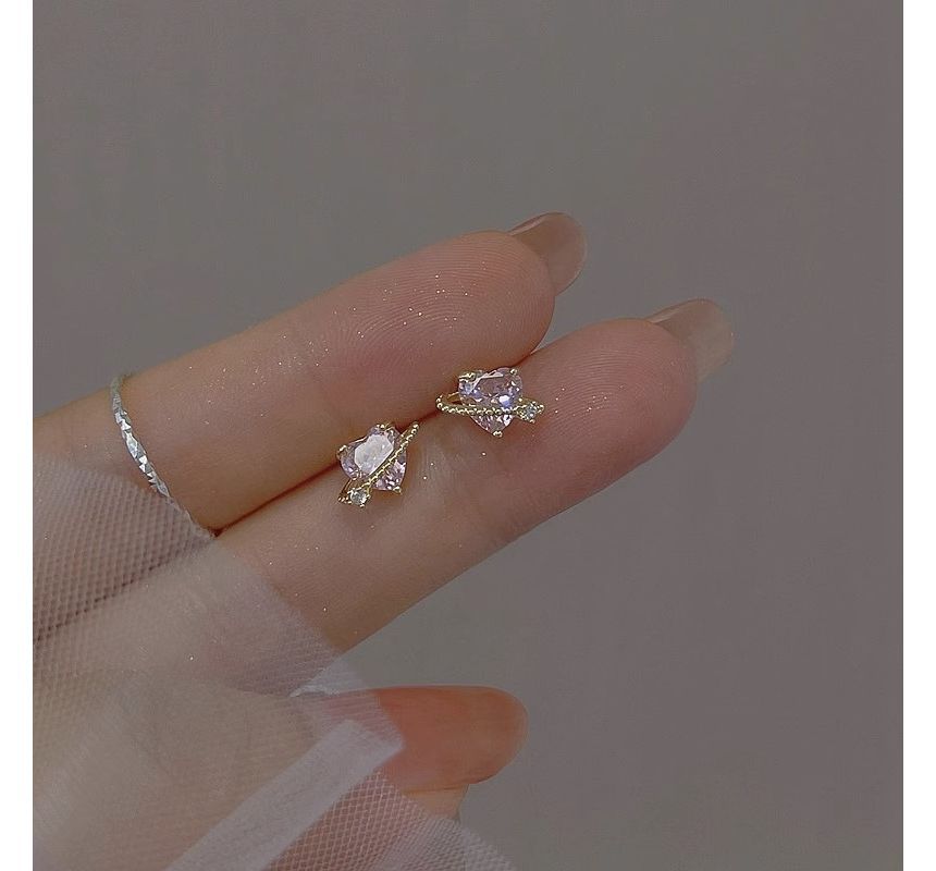 Sterling Heart Silver Stud Planet Earring Rhinestone