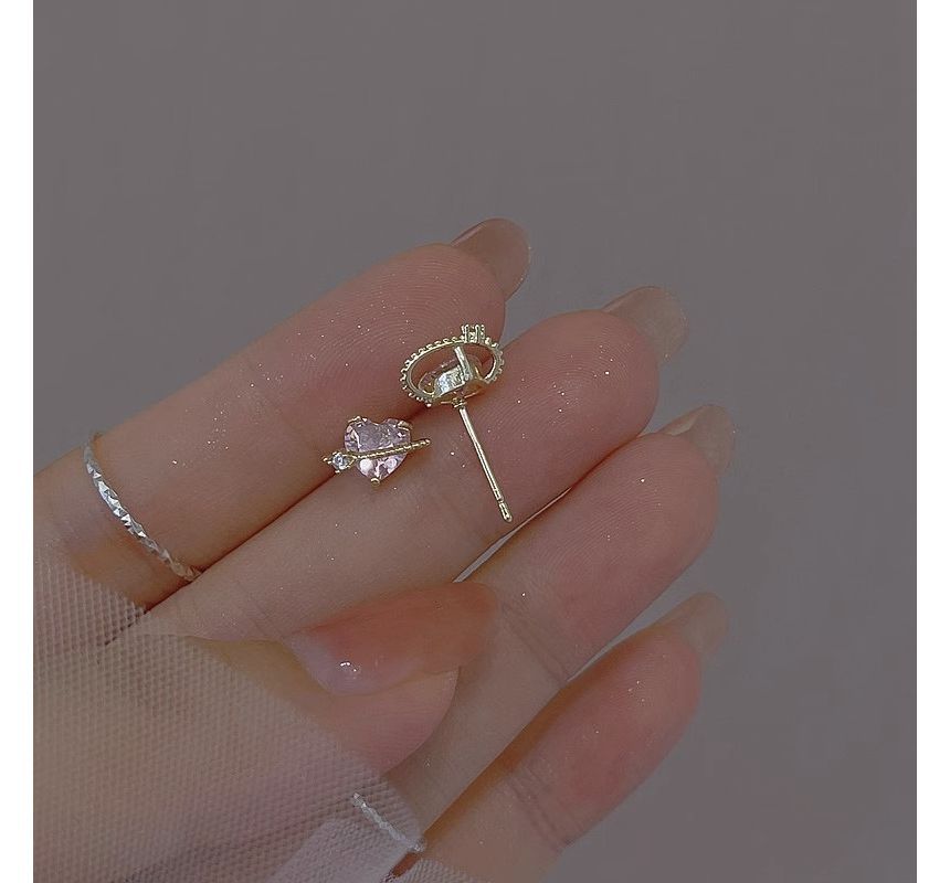 Sterling Heart Silver Stud Planet Earring Rhinestone