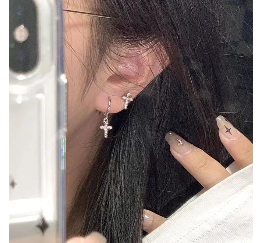 Earring Drop Alloy Cross Rhinestone Asymmetrical