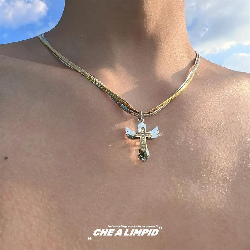 Layered Alloy Necklace Cross Pendant