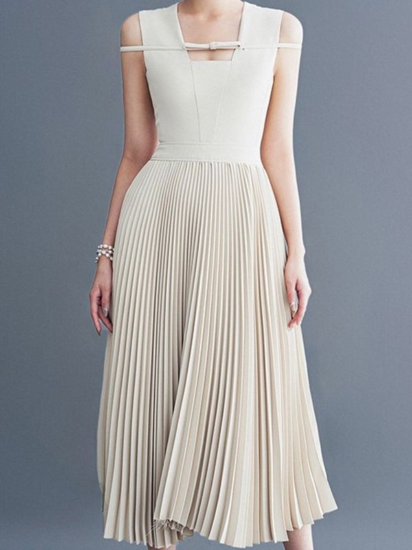 Sleeveless Square-Neck Plain Accordion Pleat Midi A-Line Dress