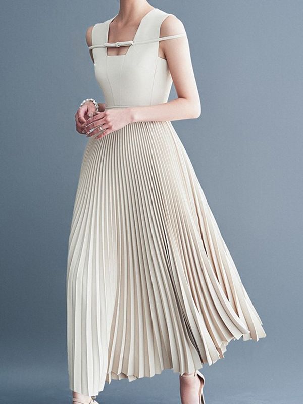 Sleeveless Square-Neck Plain Accordion Pleat Midi A-Line Dress