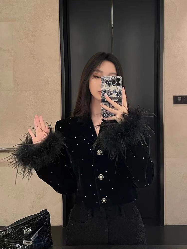 Long-Sleeve V-Neck Fluffy Trim Rhinestone Faux Pearl Buttoned Velvet Blouse