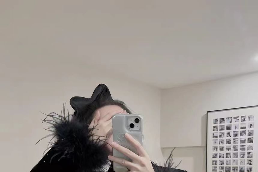 Long-Sleeve V-Neck Fluffy Trim Rhinestone Faux Pearl Buttoned Velvet Blouse