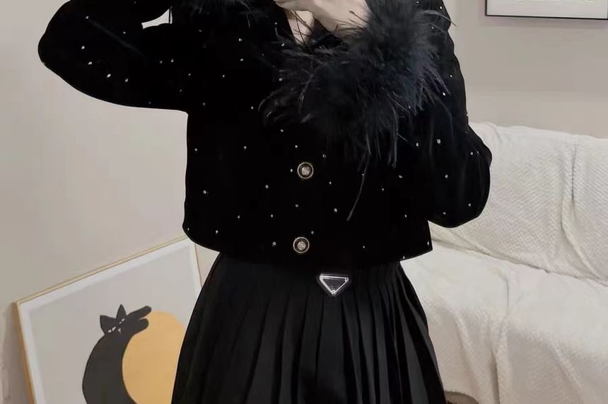 Long-Sleeve V-Neck Fluffy Trim Rhinestone Faux Pearl Buttoned Velvet Blouse