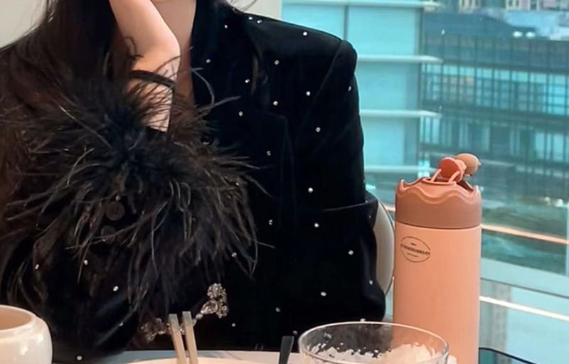 Long-Sleeve V-Neck Fluffy Trim Rhinestone Faux Pearl Buttoned Velvet Blouse