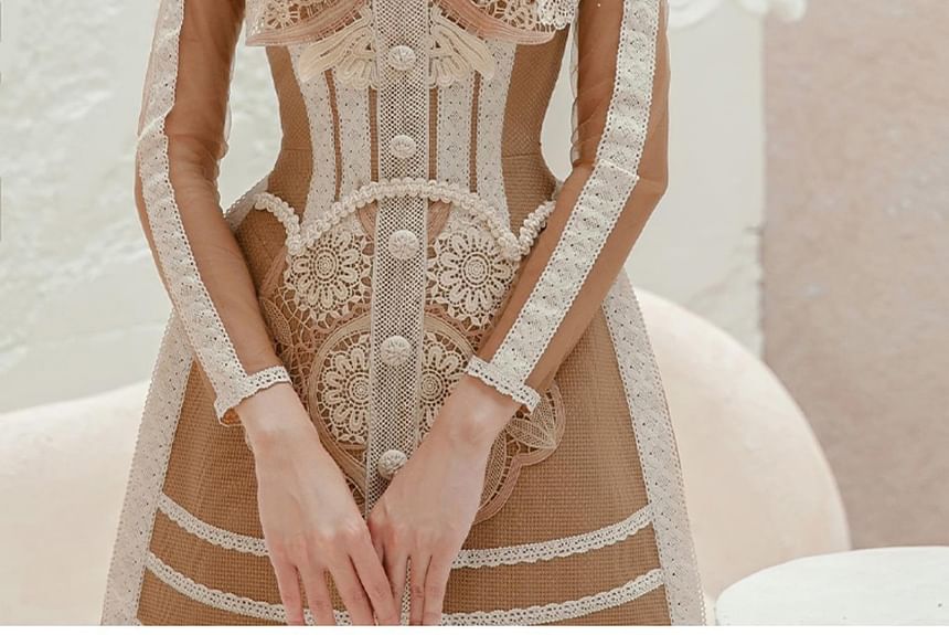 Long-Sleeve Paneled Button-Up Mini A-Line Lace Dress