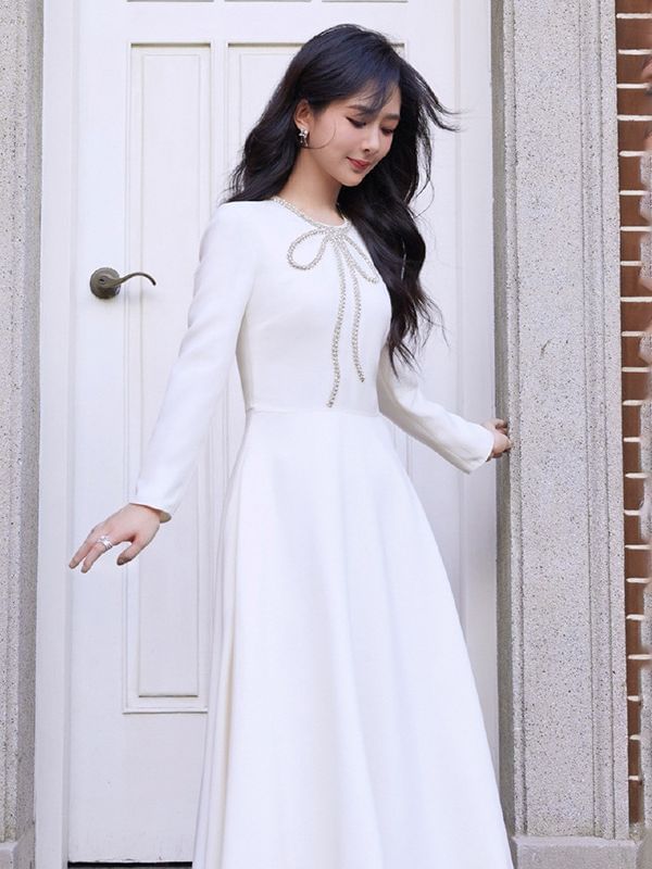 Long-Sleeve Plain Rhinestone Bow Midi A-Line Dress