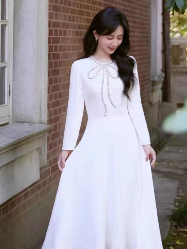 Long-Sleeve Plain Rhinestone Bow Midi A-Line Dress