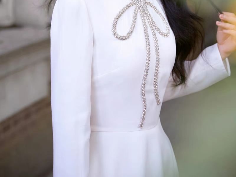 Long-Sleeve Plain Rhinestone Bow Midi A-Line Dress