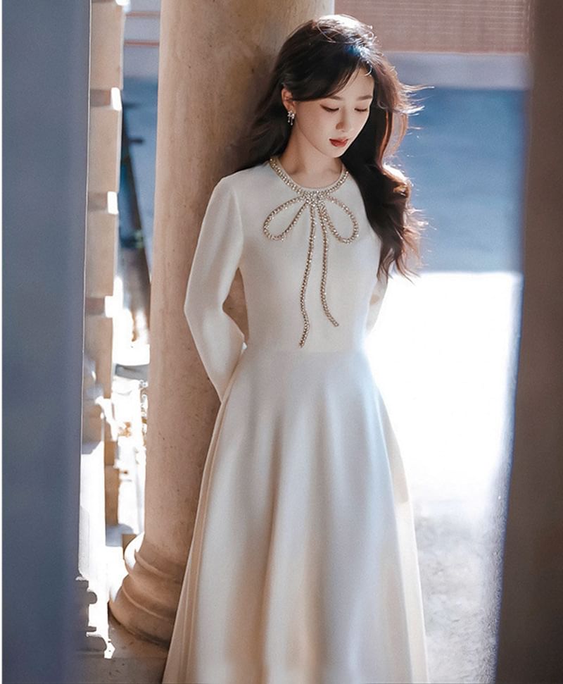 Long-Sleeve Plain Rhinestone Bow Midi A-Line Dress