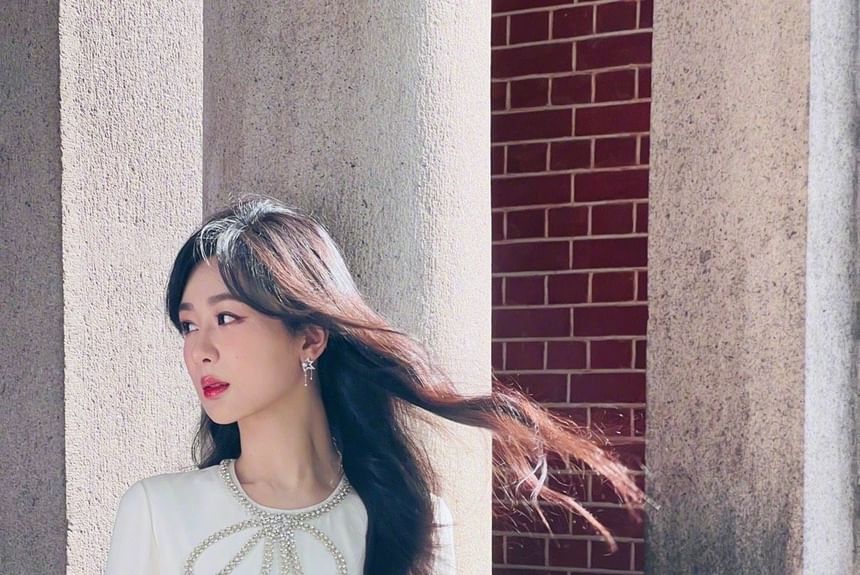 Long-Sleeve Plain Rhinestone Bow Midi A-Line Dress