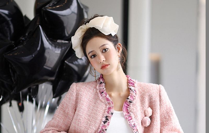 Set: Tweed Plaid Floral Printed Ruffle Trim Jacket + High Waist Mini A-Line Skirt