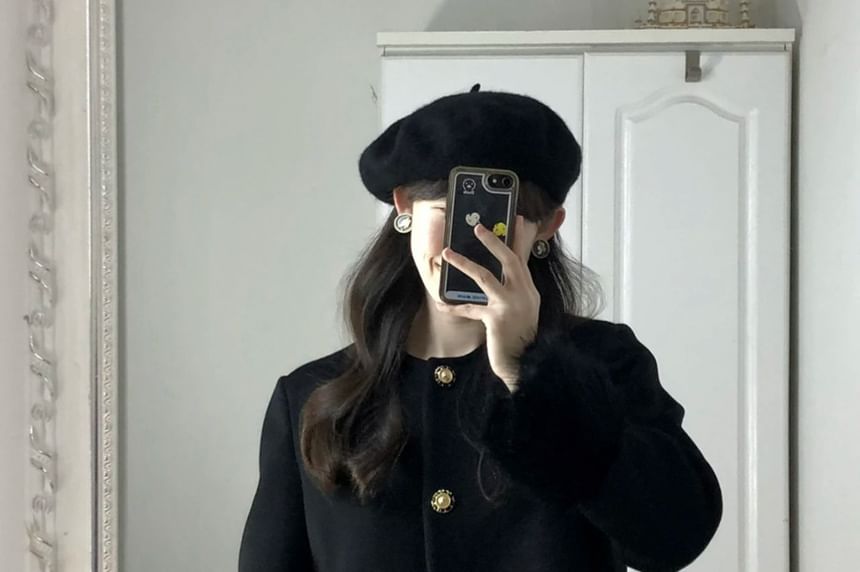 Set: Plain Fluffy Trim Single-Breasted Jacket + High Waist Mini Pencil Skirt