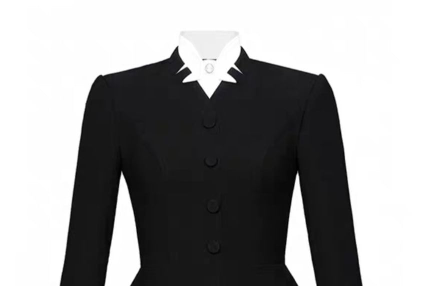 Long-sleeve Plain Contrast Trim Mini A-Line Dress