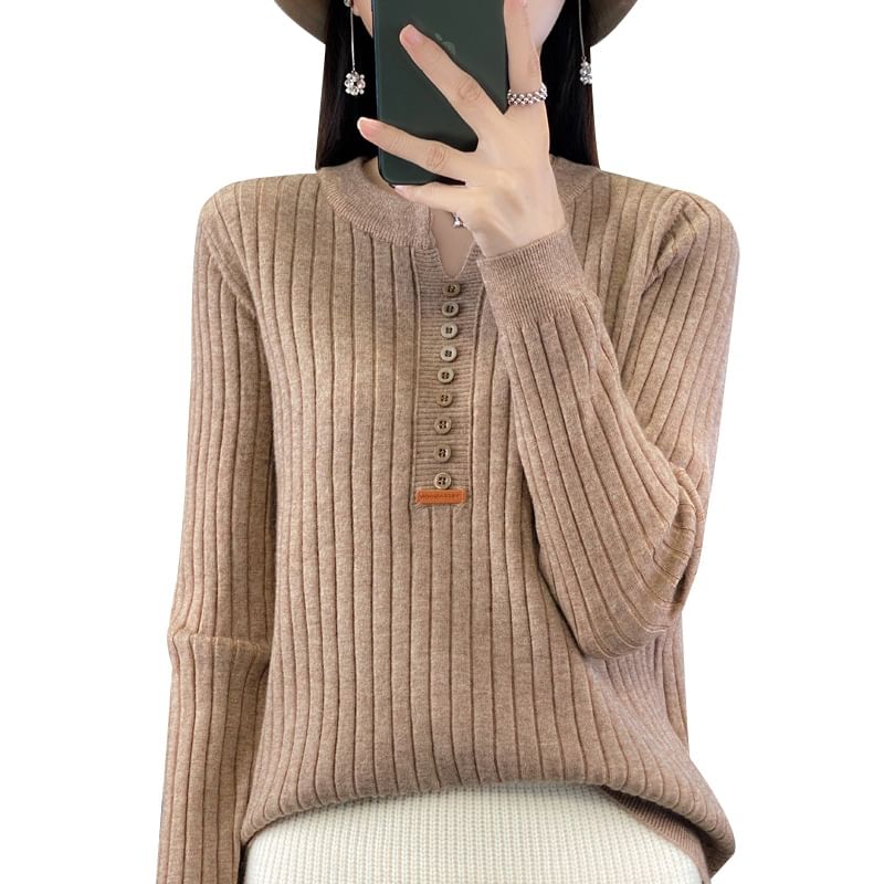 Notch Lapel Applique Ribbed Sweater