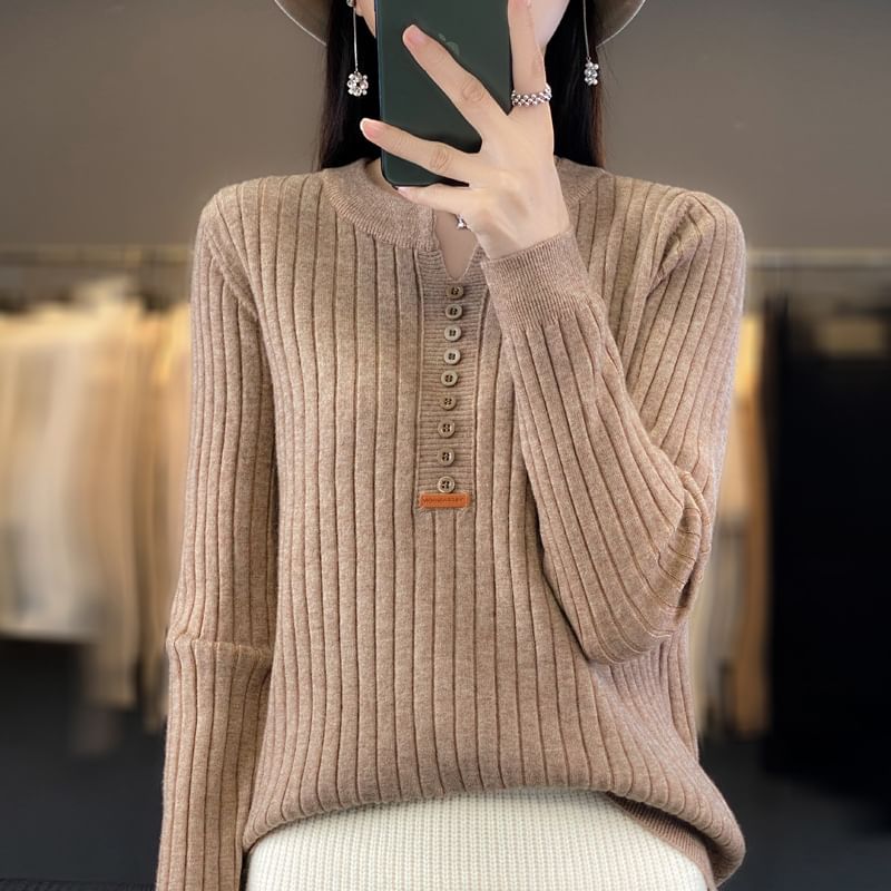 Notch Lapel Applique Ribbed Sweater