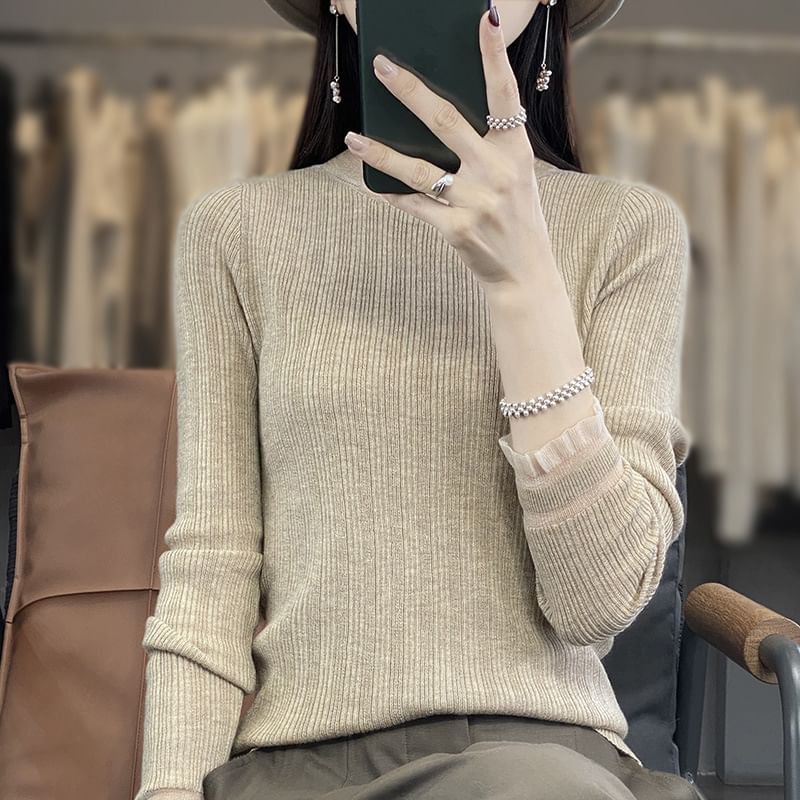 Long-Sleeve Mock Neck Plain Lace Trim Knit Top