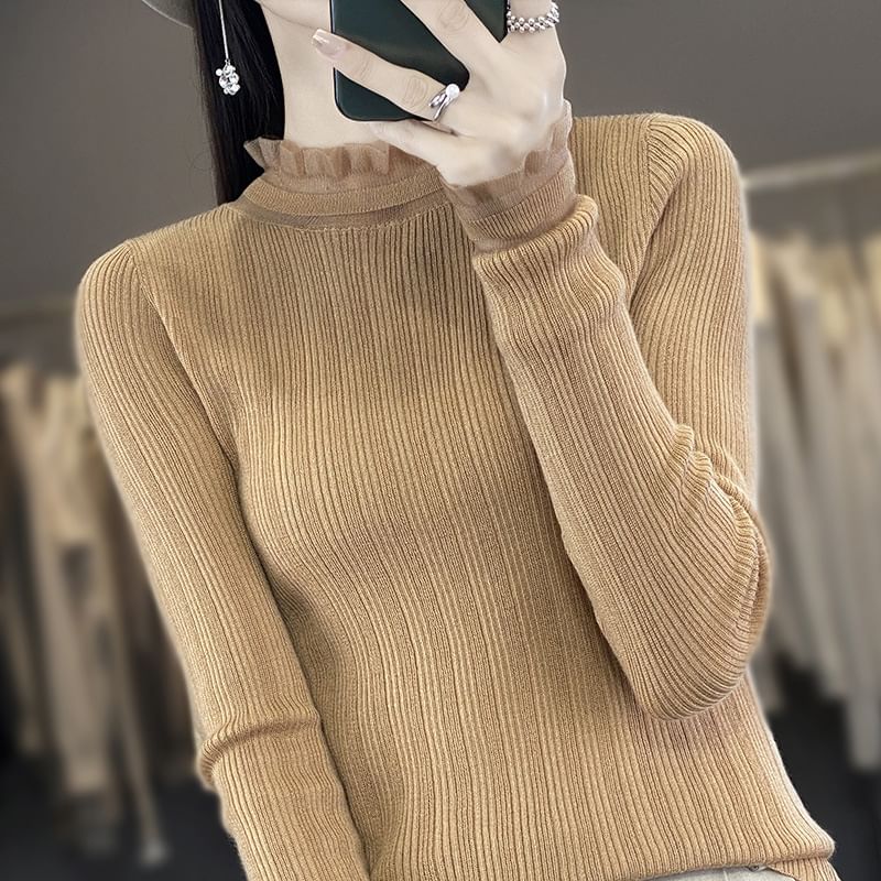 Long-Sleeve Mock Neck Plain Lace Trim Knit Top