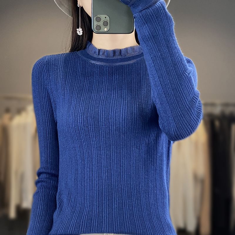 Long-Sleeve Mock Neck Plain Lace Trim Knit Top