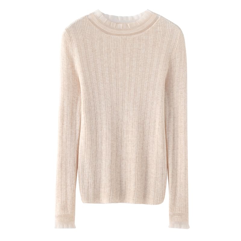 Long-Sleeve Mock Neck Plain Lace Trim Knit Top