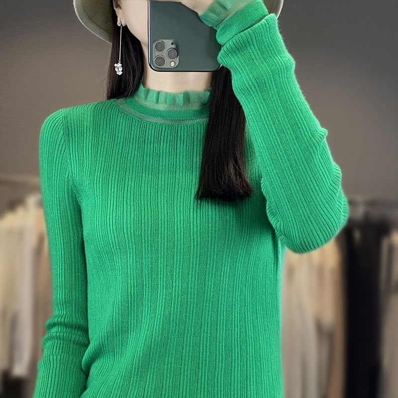 Long-Sleeve Mock Neck Plain Lace Trim Knit Top