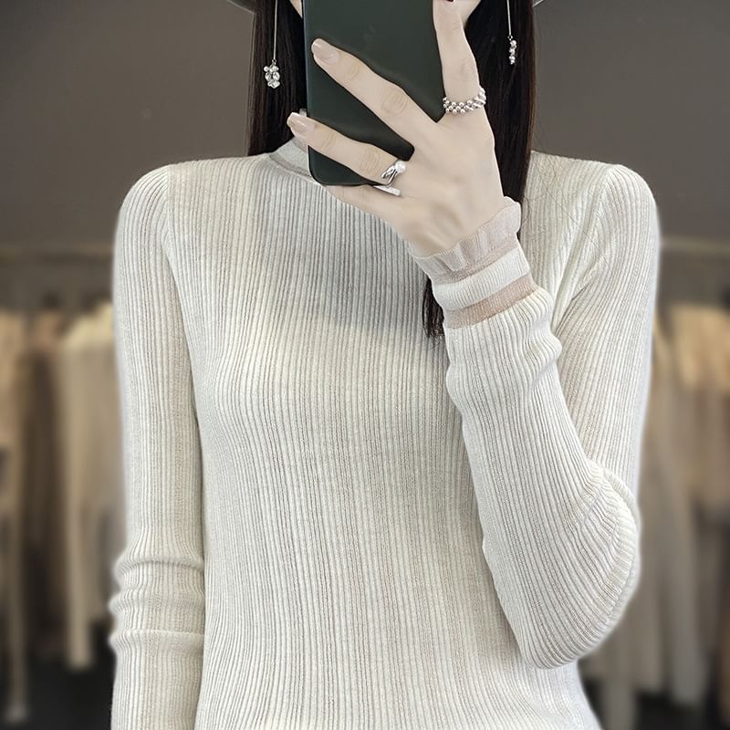 Long-Sleeve Mock Neck Plain Lace Trim Knit Top