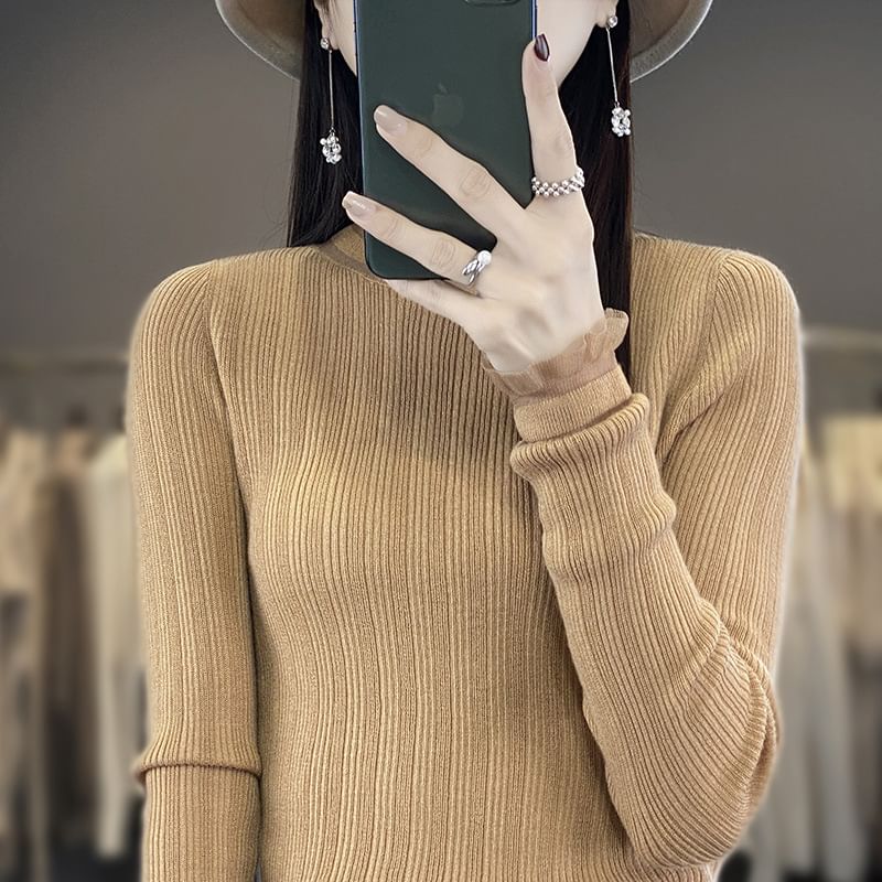 Long-Sleeve Mock Neck Plain Lace Trim Knit Top